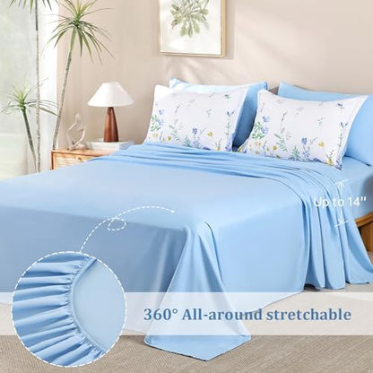Blue Floral Comforter Set Queen/Full Size, 7 Piece Cute Comforters Bedding