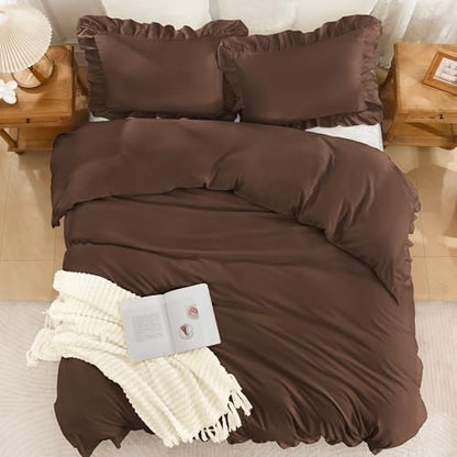Andency Brown Ruffle Duvet Cover King, Shabby Chic Farmhouse Bedding Set