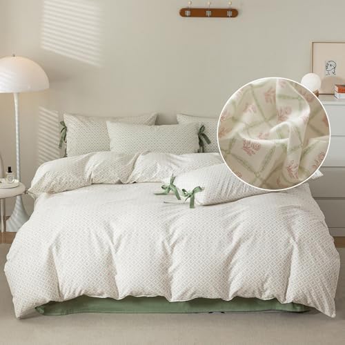 LifeTB Pink Flower Comforter Set Twin XL 3 Pieces Chic Plaid Grid Comforter with 2 Bow Ties Pillowcases Cute Botanical Cottagecore Bedding Set Girls Coquette Bedding Comforter Twin XL Comforter Set