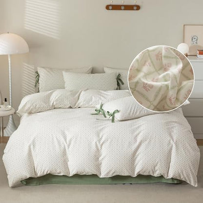 LifeTB Pink Flower Comforter Set Twin XL 3 Pieces Chic Plaid Grid Comforter with 2 Bow Ties Pillowcases Cute Botanical Cottagecore Bedding Set Girls Coquette Bedding Comforter Twin XL Comforter Set