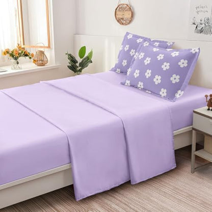 Twin Bedding Set for Girls Lavender Daisy Kids Comforter Set for Teens Purple Bed in a Bag Floral Microfiber Bed Sheet Sets