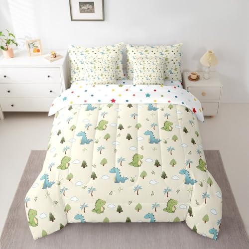 Feelyou Cute Dinosaur 7 Piece Bedding Set Cartoon Dino Comforter Set with Sheets for Kids Boys Girls Animal Theme Bed in a Bag Yellow Blue Green Bed Set Soft Lightweight