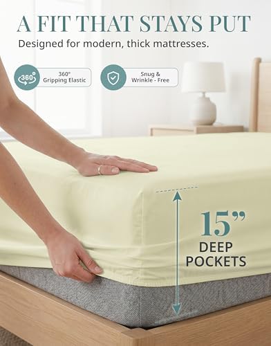 LANE LINEN 450TC Cotton Twin Sheets - Silky Smooth Sateen Weave, Ivory