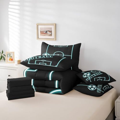 Sports Bedding Comforter Sets 7pcs for Boys Football Bed in a Bag, Soccer Game Full Bedding Sets Black Teal Comforter Set, Neon Blue Football Field Bedding Sets & Collections (Black Reversible)