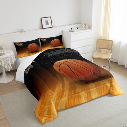 Manfei Basketball Comforter Set King Size, Sports Theme Bedding Set 3pcs for Kids Boys Teens Room Decor, American Basketball Quilt Set with 2 Pillowcases