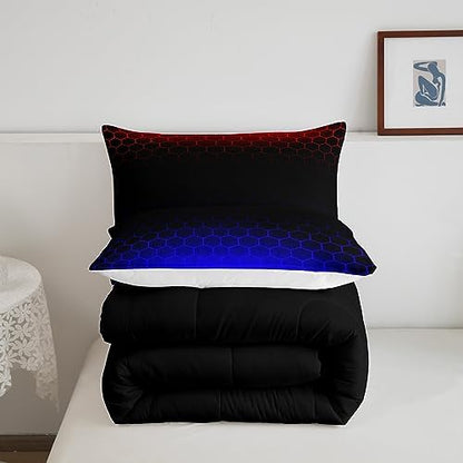 Red Blue Ombre Hexagon Comforter Full Size, Honeycomb Bedding Set Geometrics Hexagon Comforter Set for Kids Boys Girls Abstract Red and Black Duvet Set Bed Set 3Pcs