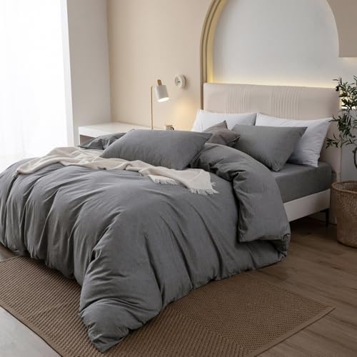 JIYUAN California King Washed Cotton Duvet Cover Set, Relaxed Linen Feel