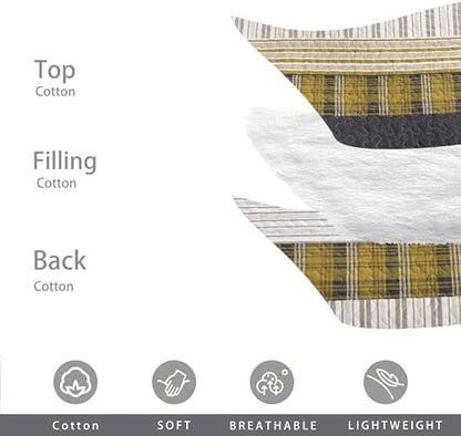 Homzard King Comforter，Cotton King Size Quilt，Amber Green Black Bedding Set，Plaid Striped Bedspread，Lightweight Reversible Coverlet 3 Pieces