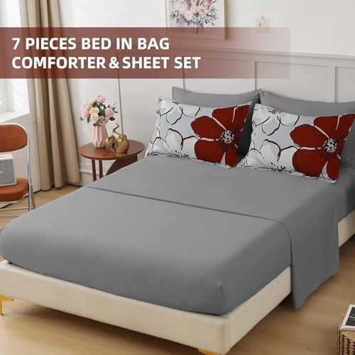 Anibedding 7Pieces Red Floral Comforter Set King Size, Soft Microfiber Red Grey Bed in a Bag Comforter Set with Sheets for All Season