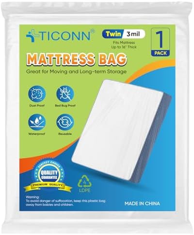 TICONN 1PK Plastic Mattress Bags for Moving, Waterproof Mattress Cover