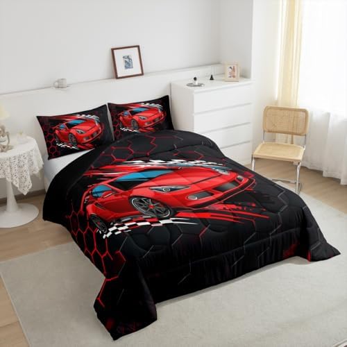 Sports Car Duvet Insert Set Queen,Red Race Car Extreme Sport Bedding Set 3pcs for Kids Teens Boys,Competitive Gaming Comforter Set Black White Honeycomb Grid Quilted Duvet Set with 2 Pillowcases