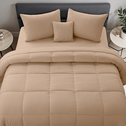 LUX Décor 5pc Queen Comforter Set, All-in-One Bed in a Bag, Includes 1 Comforter, 2 Pillow Shams, 1 Decorative Pillow & 1 Bed Skirt (Beige, Queen)