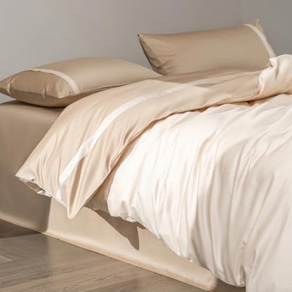 Queen Size Duvet Cover, 100% Egyptian Cotton,1600 Thread Count, Reversible Duvet Cover, Soft and Breathable Satin Bedding Set, All Seasons (Heather Milk Coffee, 90"x90")