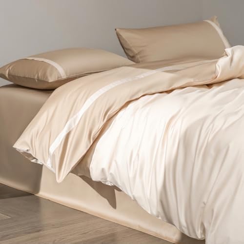 Full Size Duvet Cover, 100% Egyptian Cotton,1600 Thread Count, Reversible Duvet Cover, Soft and Breathable Satin Bedding Set, All Seasons (Heather Milk Coffee, 80"x90")