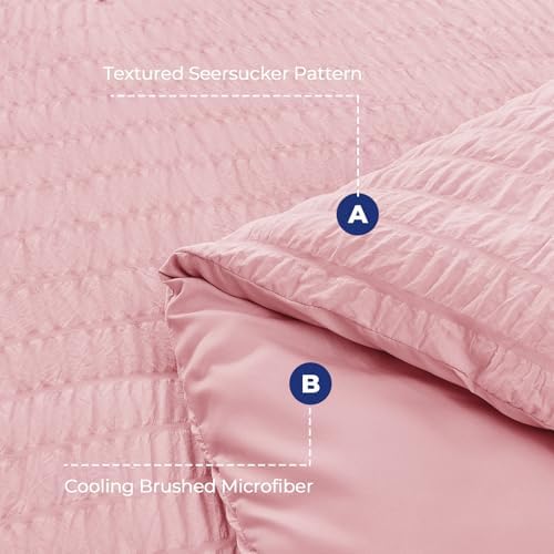 HYMOKEGE Pink Oversized Queen Comforter Set Seersucker 7 Pieces, All Season Luxury Bed in a Bag for Bedroom, Bedding Set with Comforter, Sheets, Pillowcases & Shams