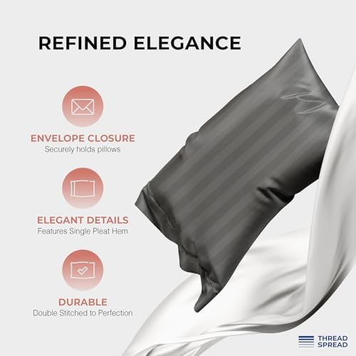 THREAD SPREAD Egyptian Cotton Sheets King Size - 1200 Series Plush Collection Damask Sheet Set Egyptian Cotton (4 PC, Dark Grey Stripe), Luxury Sheet King Size, Soft, Cooling Deep Pocket Sheets