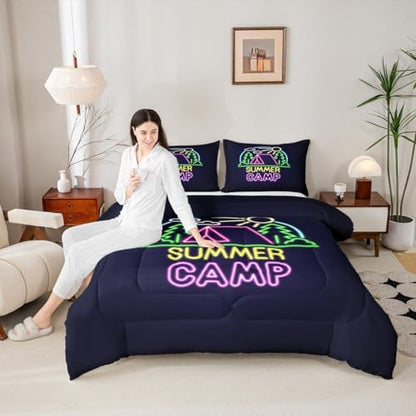 Summer Camping Camper Comforter Set King,Camping Adventure Bedding Set,Brick Wall Quilt Set 3 Pcs for Kids Teens Adults Room Decor,Neon Watercolor Rustic Duvet Insert with 2 Pillowcases
