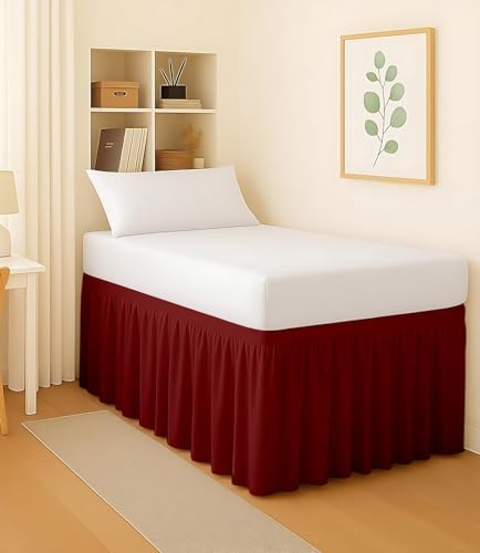 Dorm Bed Skirt Twin XL 56 Inch Drop, Easy to Install Extra Long Wrap Around Elastic Dust Ruffle, Bedskirt Solid Silky Fabric Machine Washable, Ruffled College Dorm Room Burgundy