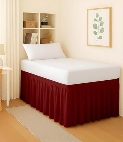 Dorm Bed Skirt Twin XL 56 Inch Drop, Easy to Install Extra Long Wrap Around Elastic Dust Ruffle, Bedskirt Solid Silky Fabric Machine Washable, Ruffled College Dorm Room Burgundy