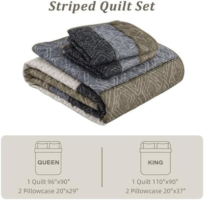 Cottolester Boho Quilt Set Queen,Black Taupe Striped Plaid Coverlet Set