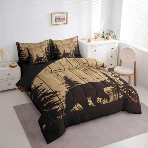 Erosebridal Rustic Cabin Bed in A Bag 7 Pcs Farmhouse Bear Comforter Set for Kids Boys Girls Vintage Brown Wooden Board Bedding Sets Twin Pine Tree Animal Silhouette Print Sheet Set with Comforter