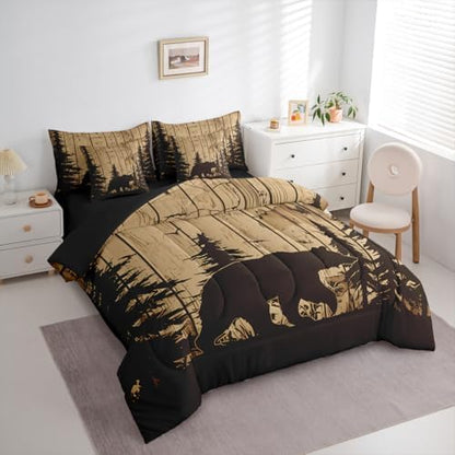 Erosebridal Rustic Cabin Bed in A Bag 7 Pcs Farmhouse Bear Comforter Set for Kids Boys Girls Vintage Brown Wooden Board Bedding Sets Twin Pine Tree Animal Silhouette Print Sheet Set with Comforter