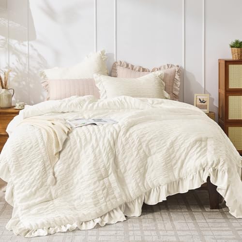 JOLLYVOGUE Oversized King Comforter Set, 3 Pieces Ivory Seersucker Comforters, Lightweight & Fluffy Bedding Sets for All Season with 1 Ruffle Comforter and 2 Ruffle Pillowshams
