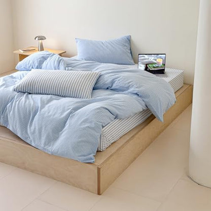 Mucalis Blue Striped Duvet Cover Set King Pinstripe Duvet Cover 100% Washed Cotton White Stripes Patterned 3 Piece Vintage Striped Bedding Set with Zipper Closure Corner Ties,Soft Breathable
