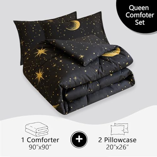 Caressma Black Comforter Set Moon Star Queen Size 3pcs with Pillowcase
