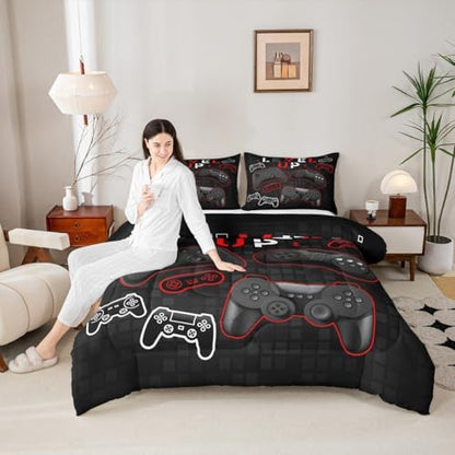 Gamepad Gaming Comforter Set Twin Size,Video Games Bedding Set 2pcs for Kids Teens Boys Girls Gamer Room,Gaming Equipment Duvet Insert Colorful Buttons Quilted Duvet Set with 1 Pillowcase,Black