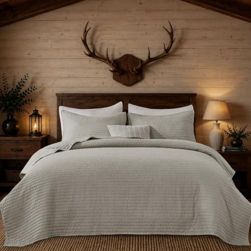DOWN HOME Twin Quilt Bedding Set with Sham, Vintage Washed Soft Quilted Blanket Thin Comforter Lightweight Bedspread Coverlet Bed Cover, Brushed Microfiber Stripe Stitching, Light Gray, 66"x92"