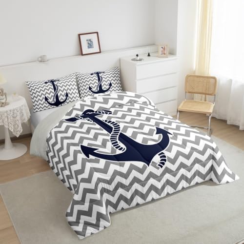 Castle Fairy Gray Stripes Comforter Set Full Size,Geometric Anchor Bedding Set 3pcs for Kids Boys Adults Home Room Decor,Nautical Adventure Themed Quilt Set Modern Abstract Bedspread,2 Pillowcases