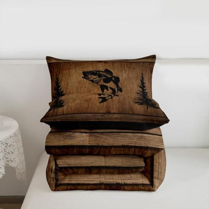 Manfei Pike Fish Comforter Set Twin Size,Rustic Farmhouse Brown Wooden Bedding Set 2pcs,Fishing and Hunting Down Comforter for All Season,Kids Boys Girls Room Decor,1 Pillowcase,No Sheets