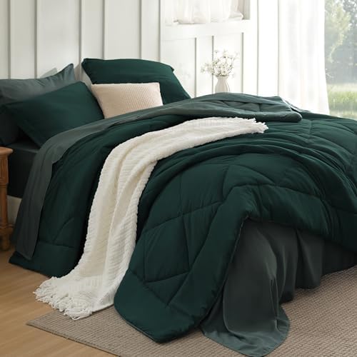 Bedsure Queen Bed in a Bag Reversible Bed Set 7 Pcs Dark Green/Forest Green