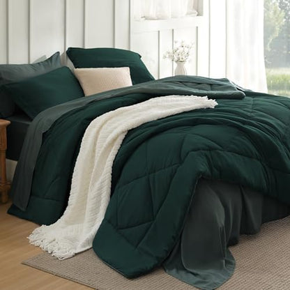 Bedsure Queen Bed in a Bag Reversible Bed Set 7 Pcs Dark Green/Forest Green
