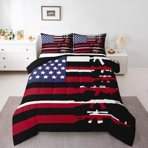 Erosebridal American Flag Comforter Set King,Army Military Bedding Set for Teens Man,Red Blue Stars Stripe USA Flag Bedding Comforter Soldier Quilt Duvet Set 2 Pillow Cases Bedroom Decor