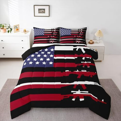 Erosebridal American Flag Comforter Set Full,Army Military Bedding Set for Teens Man,Red Blue Stars Stripe USA Flag Bedding Comforter Soldier Quilt Duvet Set 2 Pillow Cases Bedroom Decor