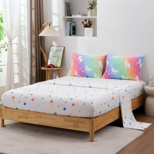 NTBED 5Pcs Glow in The Dark Kid Comforter Set Rainbow Unicorn Queen Bedding