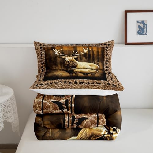 Manfei Deer Comforter Set King Size, Wild Animal Theme Bedding Set 3pcs for Kids Boys Teens Bedroom Decor, Black Elk Bear Wolf Trees Quilt Set Wildlife Hunting Duvet Set with 2 Pillowcases