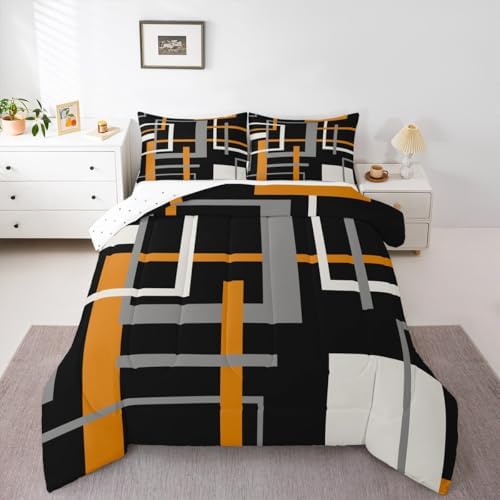 Orange Black Comforter Set for Teens Abstract Square Bedding Set Geometric Art Bedding Home Decor for Kids Comforter Twin Size White and Gray Quilted Duvet Set 1 Comforter with 1 Pillowcase