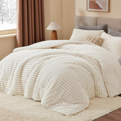 BEDELITE Fleece California King Comforter Set, Fluffy Bed Set, Cream White