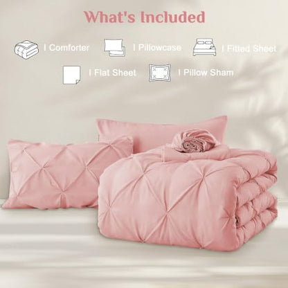 JOLLYVOGUE Twin Comforter Set 5 Pieces - Bed in a Bag Twin for All Season, Pintuck Bedding Comforter Sets with Comforter, Flat Sheet, Fitted Sheet and Pillowcases & Shams, Pink