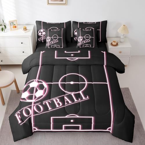 Kids Football Queen Comforter Set 7 Pieces for Girls Pink Bedding Comforter Sets, Ball Gamer Bed in a Bag Sport Game Bedding Set, Girly Soccer Field Bed Sheets Set Luxurious (Black Reversible)
