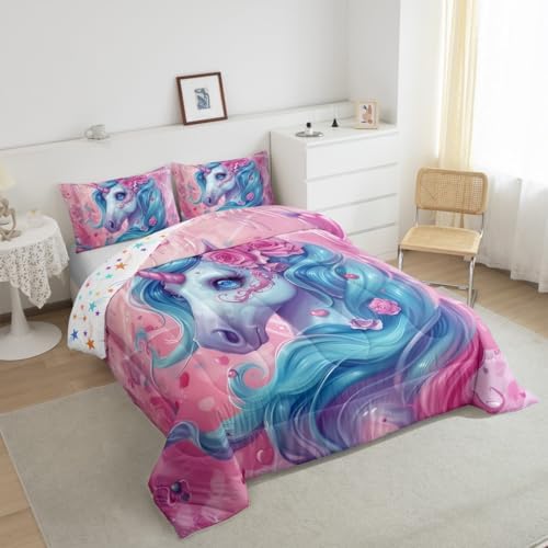 Unicorn Comforter Sets Queen Size Cartoon Unicorn Bedding Set for Kids Girls Boys Bedroom Soft Reversible Kawaii Rose Flower Pattern Cute All Season Quilt Set with 2 Pillowcases Pink Blue