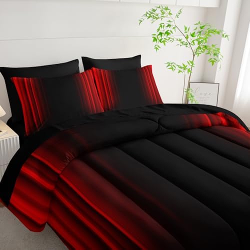 Nttopship Red and Black Bedding Set King Size Abstract Ombre Comforter Set Bedding Set 7 Piece in A Bag,Dark Quilt Set Mordern Art Decor All Seasons with Pillowcases,Flat, Fitted Sheet