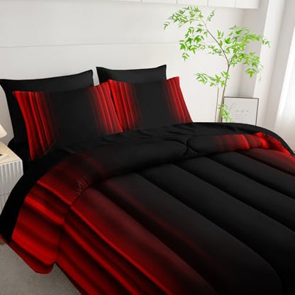 Nttopship Red and Black Bedding Set King Size Abstract Ombre Comforter Set Bedding Set 7 Piece in A Bag,Dark Quilt Set Mordern Art Decor All Seasons with Pillowcases,Flat, Fitted Sheet