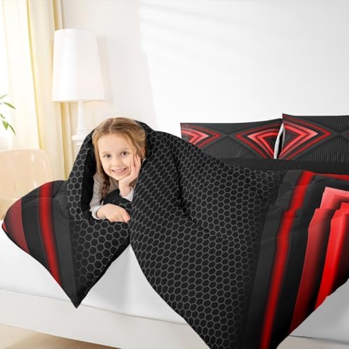 Geometric King Size Comforter Set,Kids Red and Black Decor All Season Bedding Set,Teens Sports Gaming Comforter,Modern Hexagon Decor Quilt Set Bedroom Collection 3Pcs