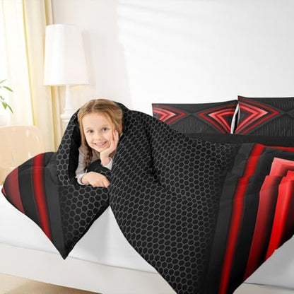 Geometric King Size Comforter Set,Kids Red and Black Decor All Season Bedding Set,Teens Sports Gaming Comforter,Modern Hexagon Decor Quilt Set Bedroom Collection 3Pcs