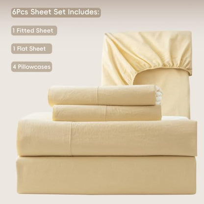 MooMee Sheet Set 100% Washed Cotton Linen-Like Extra Deep Pocket Queen