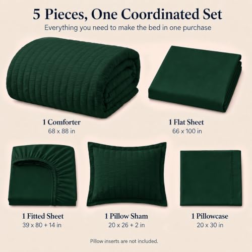 CozyLux Twin XL Comforter Set 5-Piece Emerald Green Seersucker Bed in a Bag
